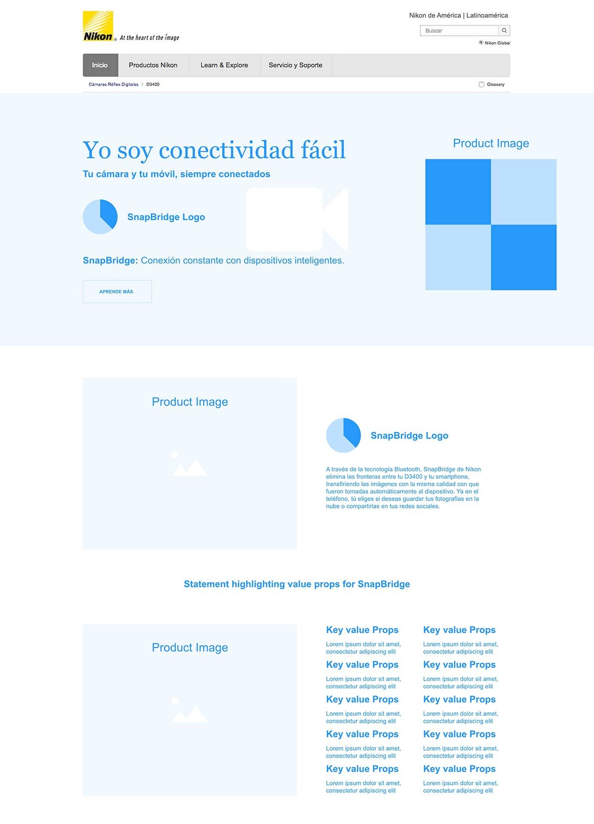 Nikon SnapBridge webpage mockup with Spanish headings, placeholder product images, icons, and value-proposition text.