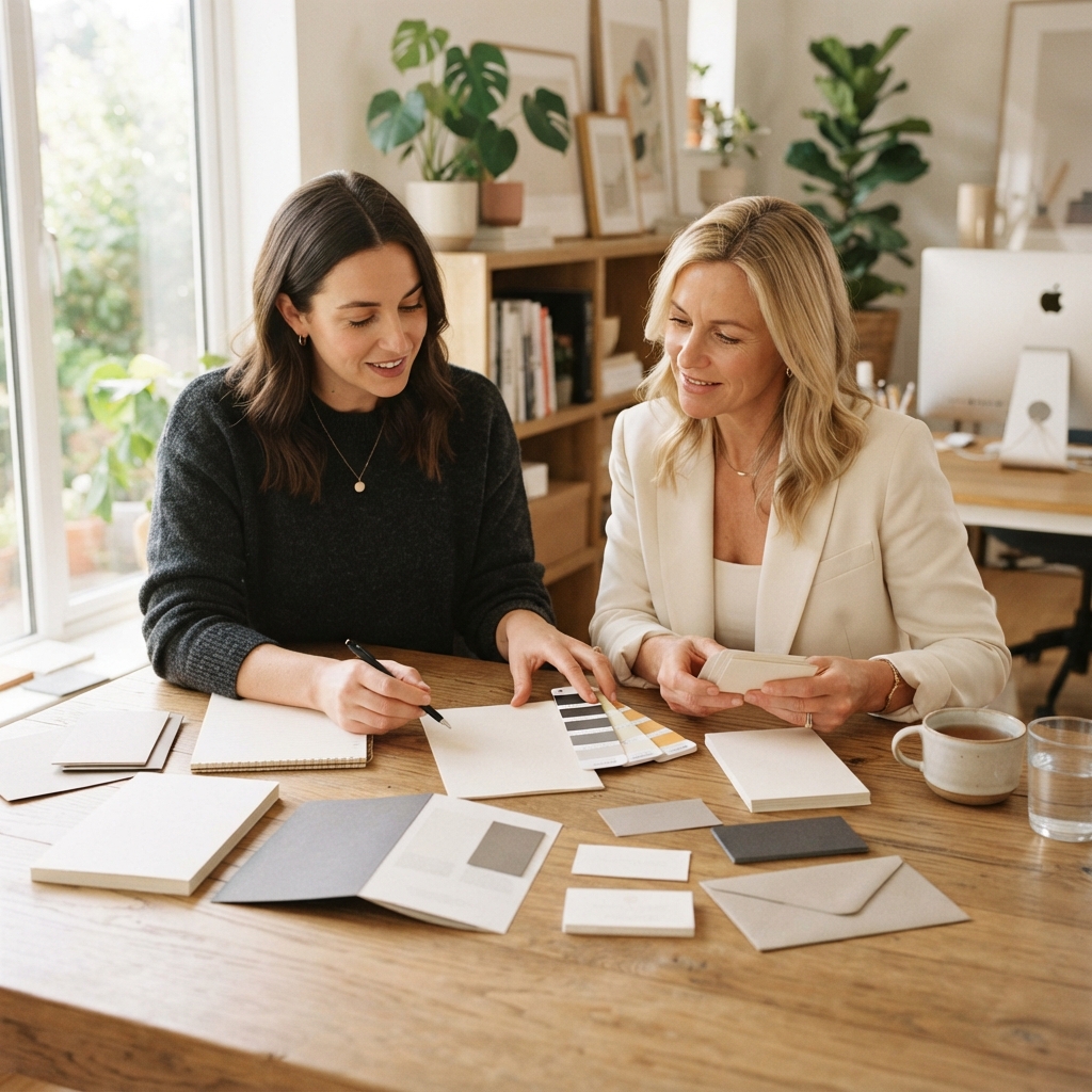 Two women review paper and color samples at a wooden table in a bright plant-filled home office.