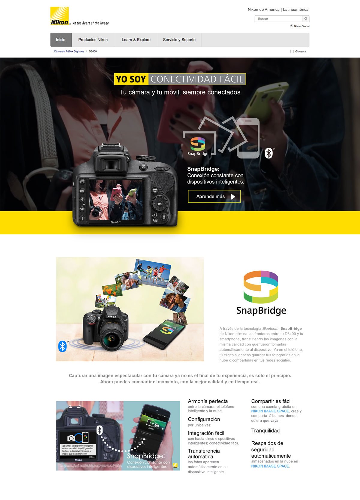 Página de Nikon que promociona la conectividad SnapBridge de la cámara D3400 con teléfonos inteligentes.