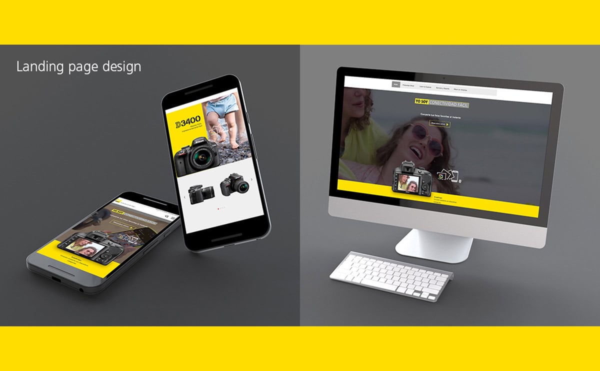 Responsive camera landing page mockup shown on two smartphones and a desktop monitor.