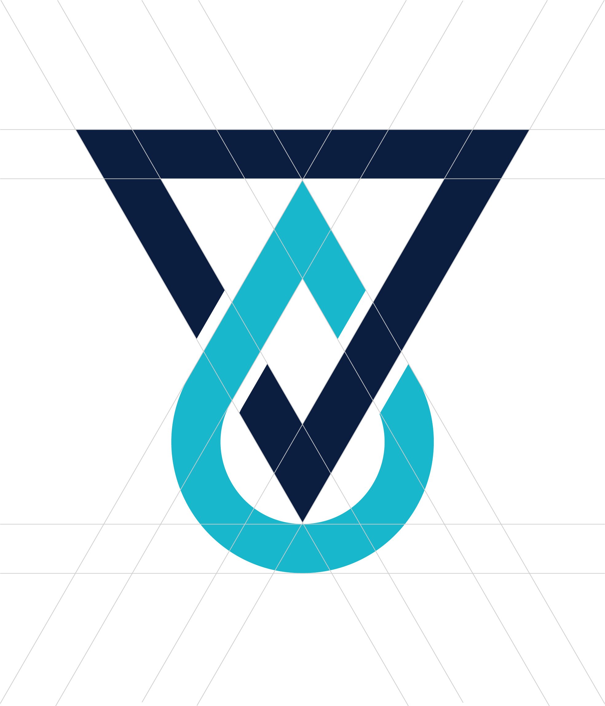 Geometric navy and turquoise interlocking emblem with a circular ring on a white construction grid.