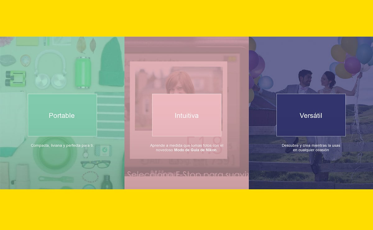 Three colored panels advertise a camera as “Portable,” “Intuitiva,” and “Versátil” in Spanish.