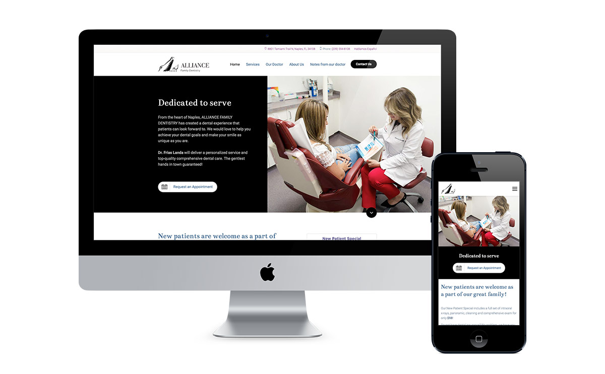 Responsive Alliance Family Dentistry website shown on a desktop monitor and smartphone.