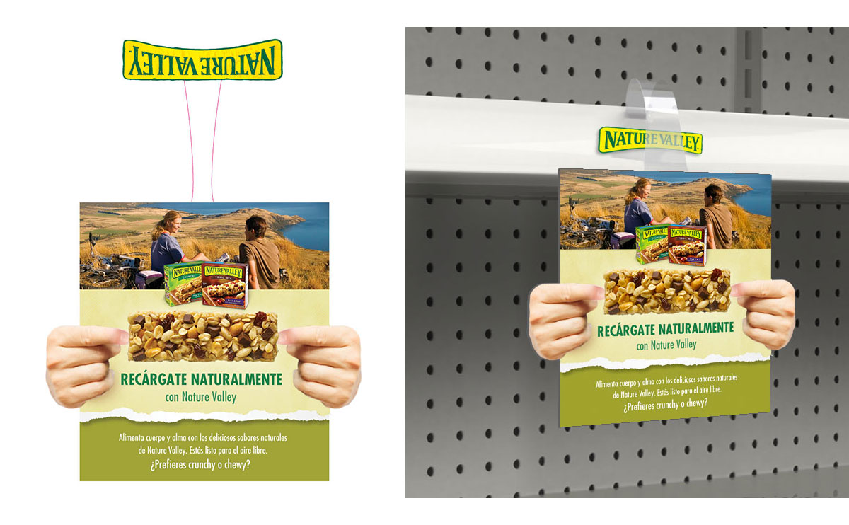 Nature Valley granola-bar promotional display shown as a concept and mounted on a store shelf.