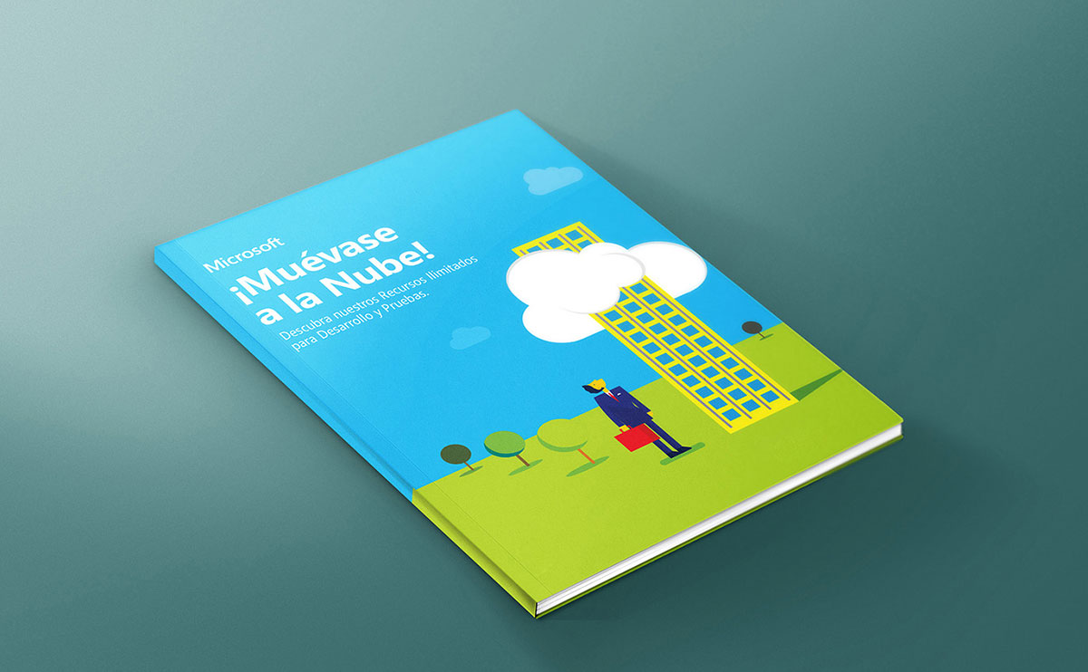 Angled Microsoft booklet titled “¡Muévase a la Nube!” with a cloud, building, trees, and illustrated person.