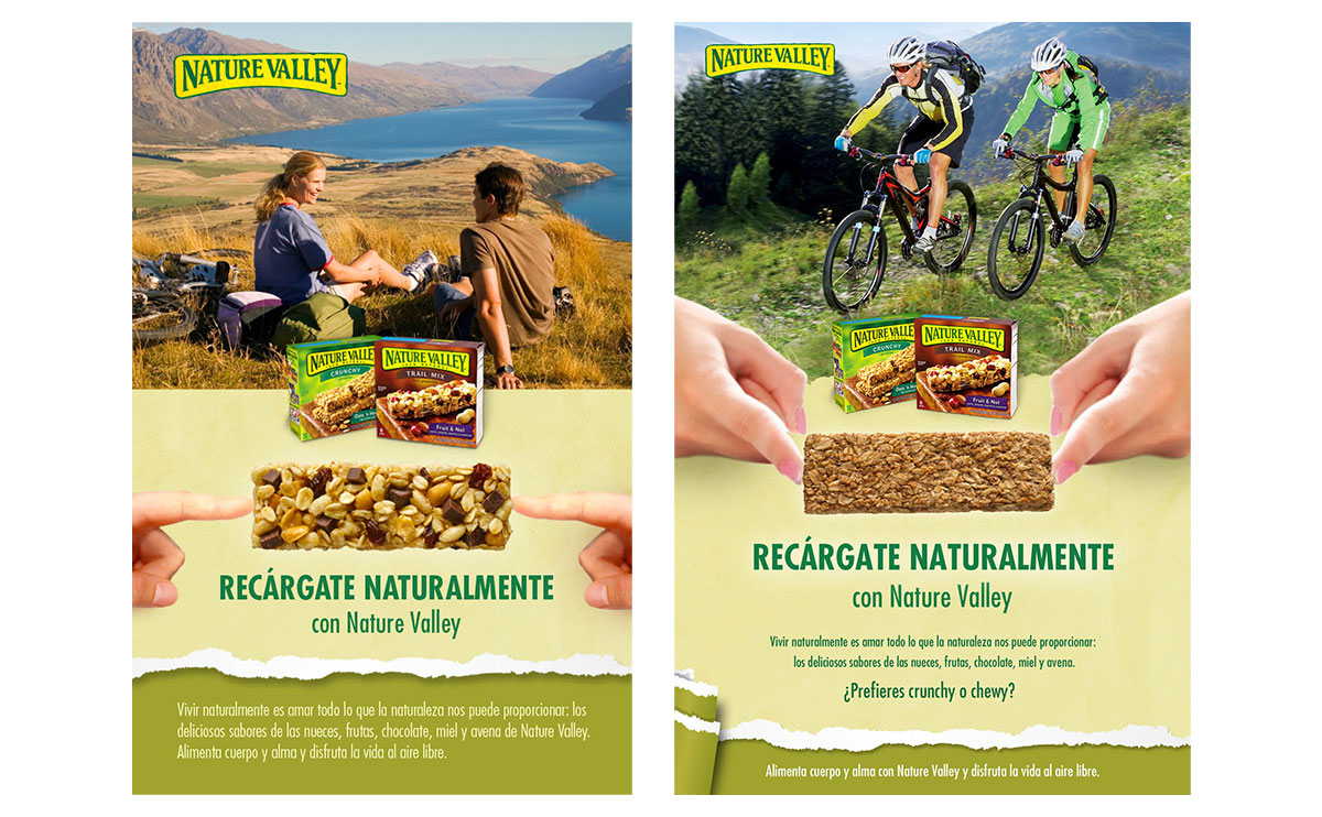 Two Spanish Nature Valley ads show outdoor activities, granola bars, product boxes, and green promotional text.
