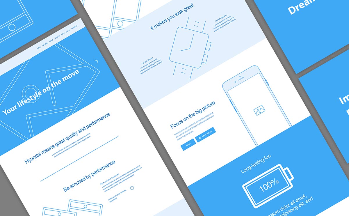 Diagonal collage of blue-and-white device interface panels with headlines, phone and battery line drawings, and placeholder text.