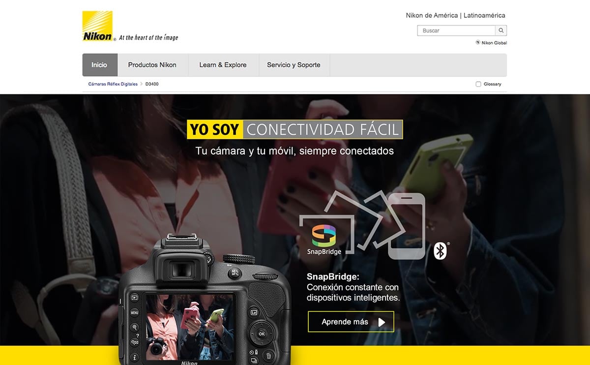 Página de Nikon promocionando la conectividad SnapBridge de la cámara D3400.