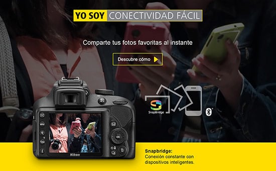 Nikon camera, smartphones, and SnapBridge connectivity graphics on a Spanish yellow-and-black banner.