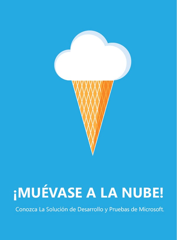 White cloud-shaped ice cream on an orange waffle cone above Spanish promotional text on a blue background.