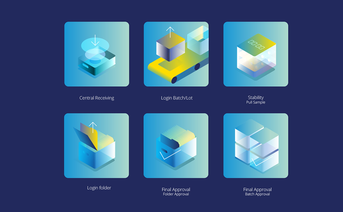 Six gradient tiles show receiving, batch login, sample stability, folder login, and two approval icons.