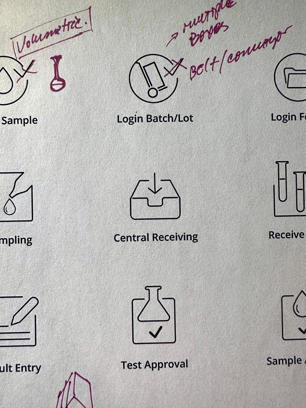 Cropped workflow screen showing laboratory icons, labels, and burgundy handwritten annotations.