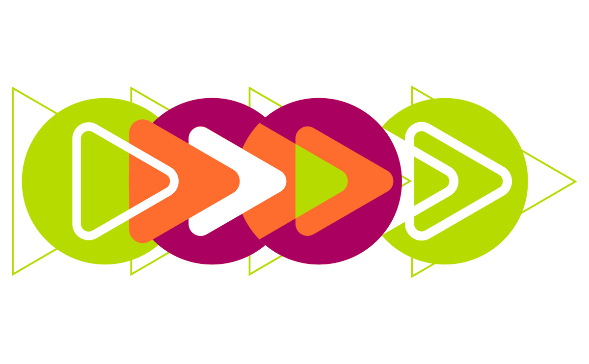 Abstract logo with overlapping lime, magenta, orange, and white circles and right-pointing triangular shapes.