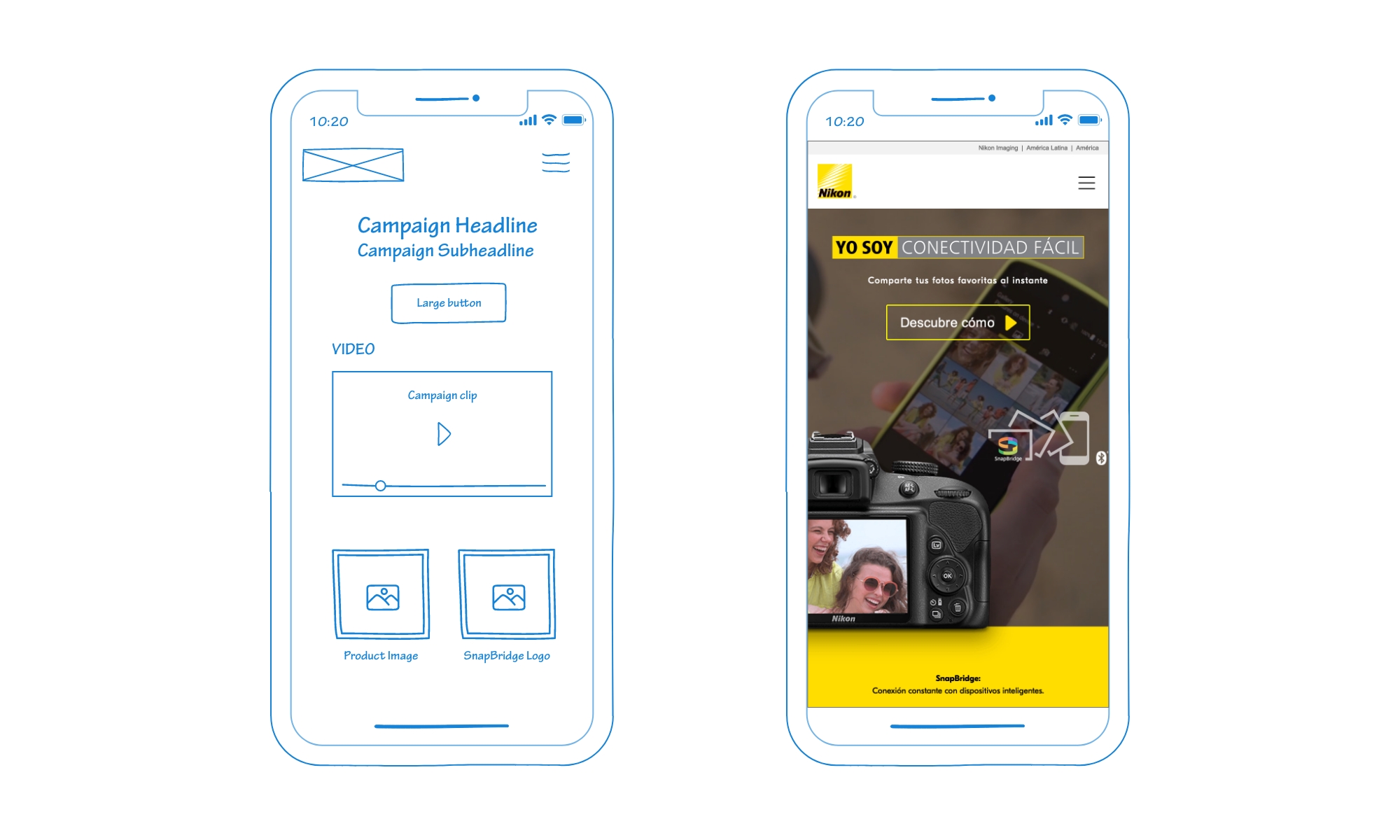 Two smartphone mockups compare a blue webpage wireframe with a finished Nikon SnapBridge promotional page.