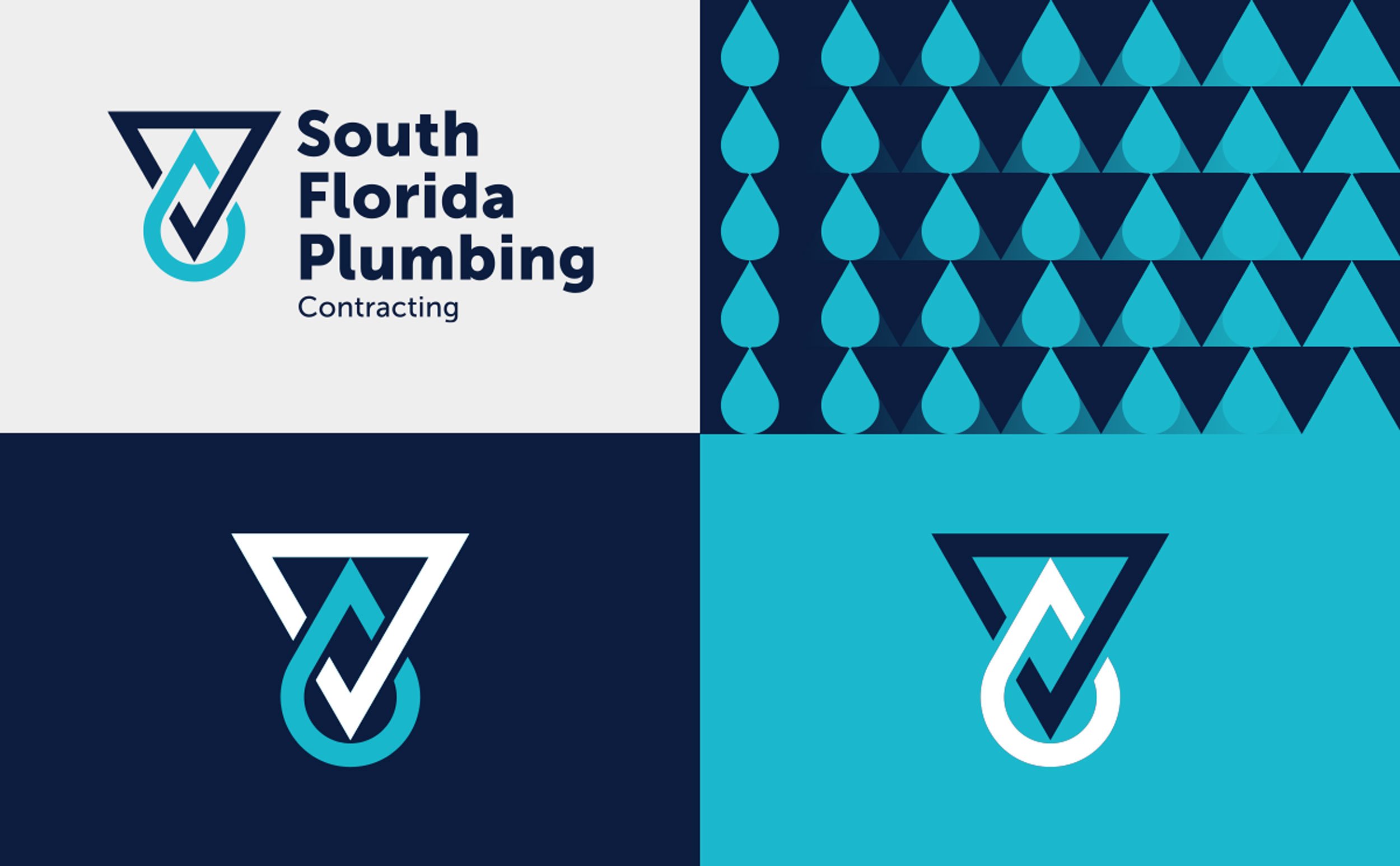 Four-panel plumbing brand design with logo, text, geometric water-drop pattern, and color variations.