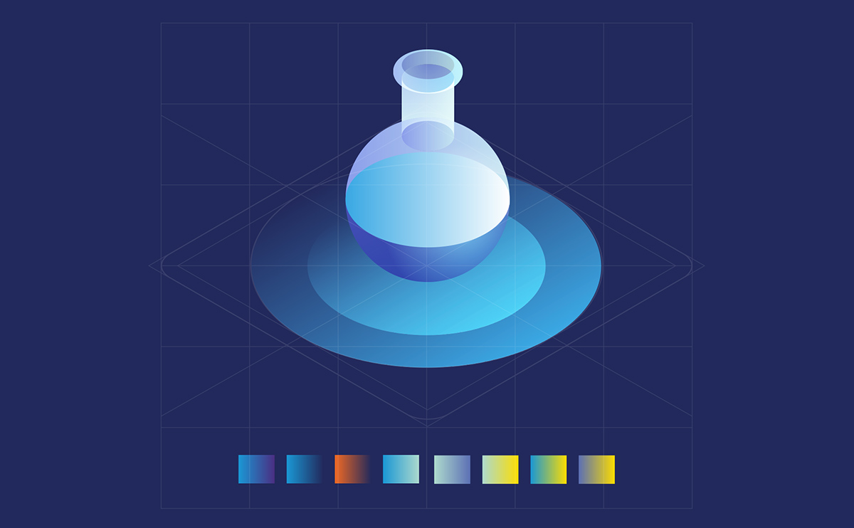 Translucent laboratory flask above overlapping blue liquid shapes on a perspective grid, with eight color swatches below.